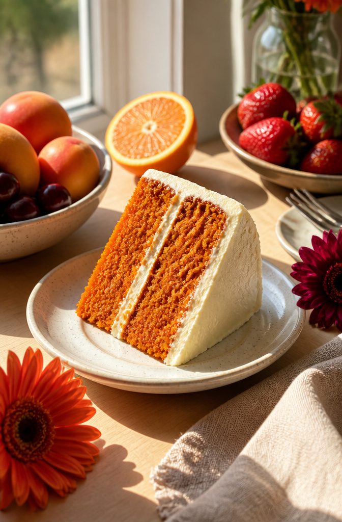A slice of orange velvet cake surrounded by fresh summer fruits.