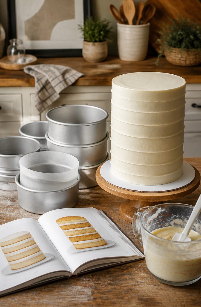 Variety of cake pans and a constructed tall cake with layers.