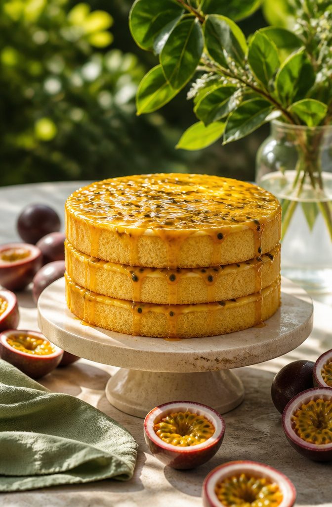 20 Summer Birthday Cake Ideas for Every Celebration 20 Passionfruit cake with yellow curd and fresh passionfruits around it.