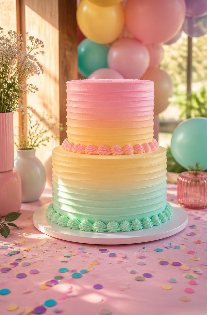 Two-tier cake with cotton-candy pink, butter yellow, and mint green ombré.