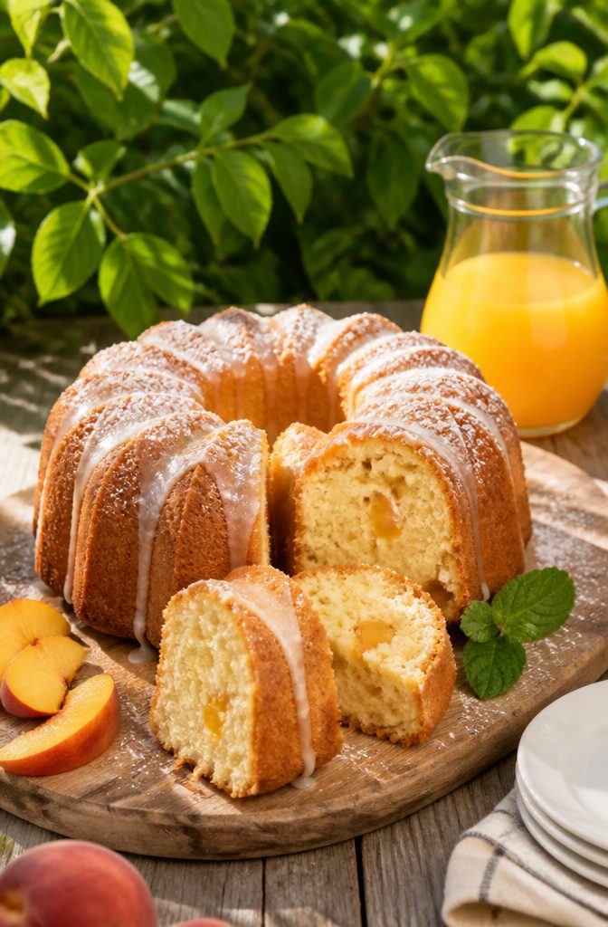 20 Summer Birthday Cake Ideas for Every Celebration 4 Peach pound cake on a wooden cutting board with fresh peaches beside it.