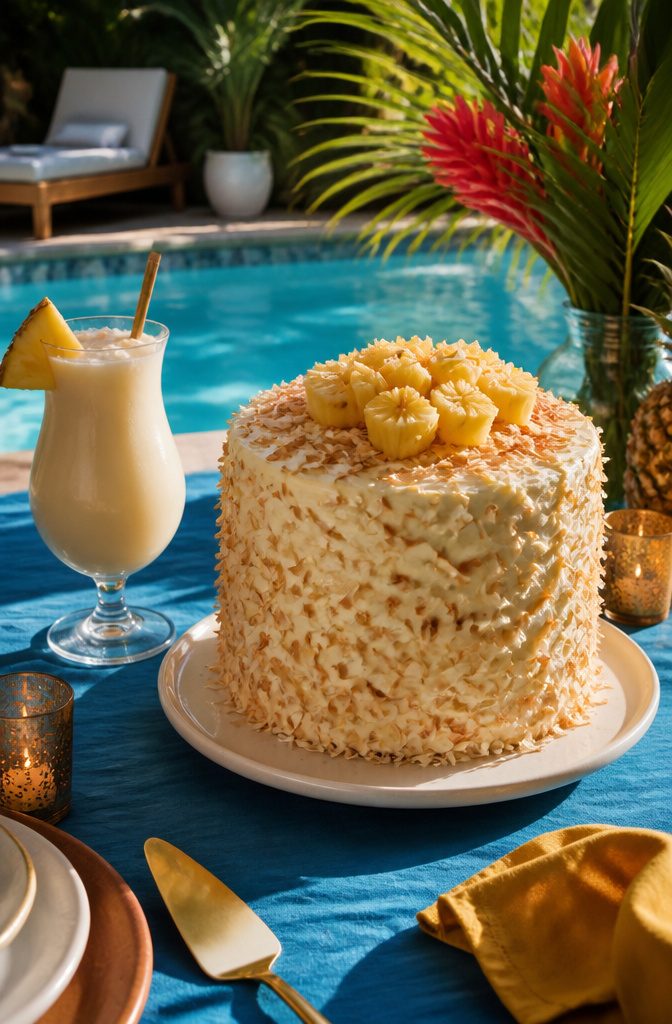 20 Summer Birthday Cake Ideas for Every Celebration 5 Pina colada cake decorated with toasted coconut flakes and pineapple flowers.