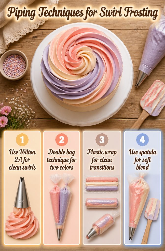 Piping techniques demonstrated with frosting on a cake.