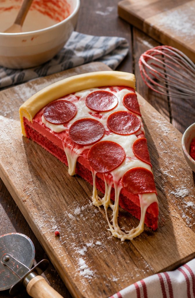 A cake shaped like a pizza slice with fondant toppings.