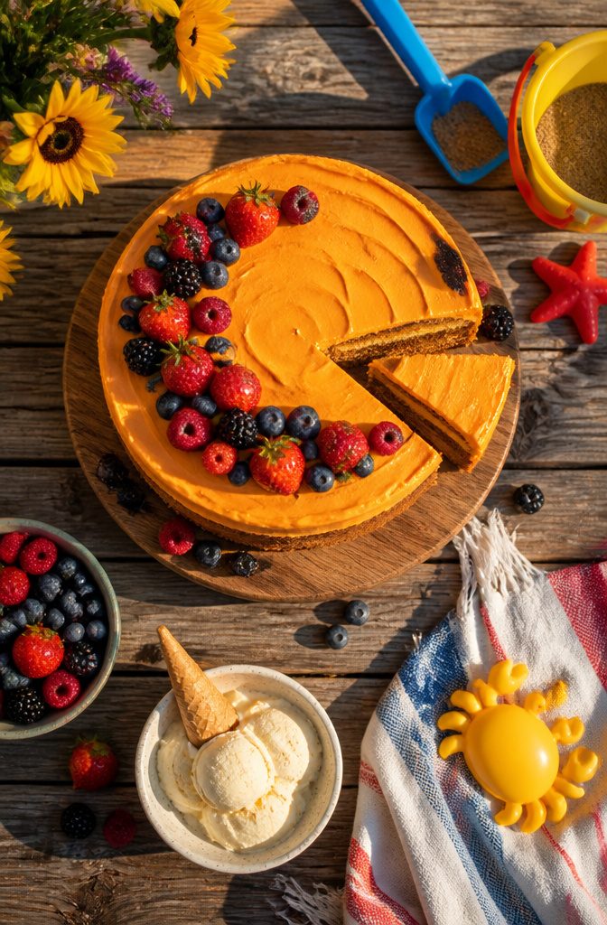 A slice of pumpkin spice cake topped with orange cream cheese frosting.
