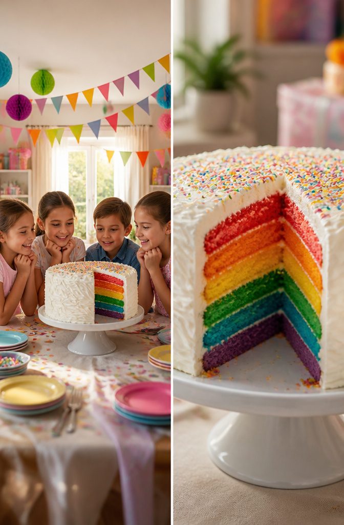 Slice of rainbow cake showcasing vibrant colored layers.