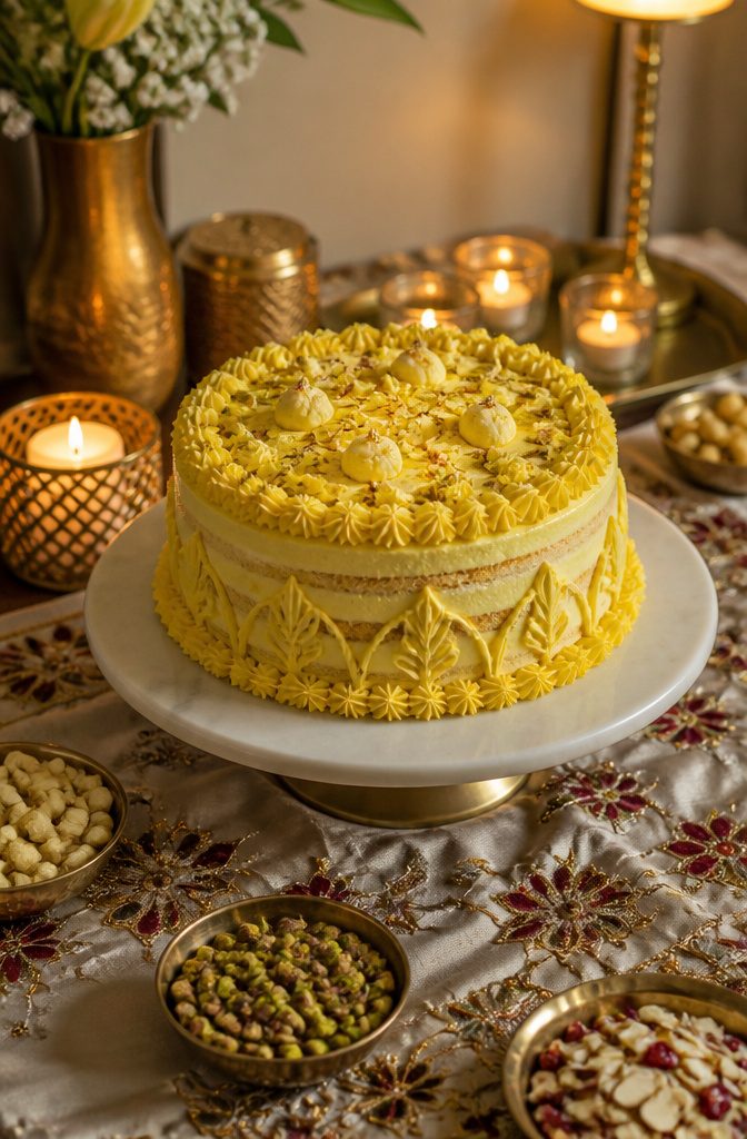 An Indian-inspired rasmalai cake decorated with intricate designs.