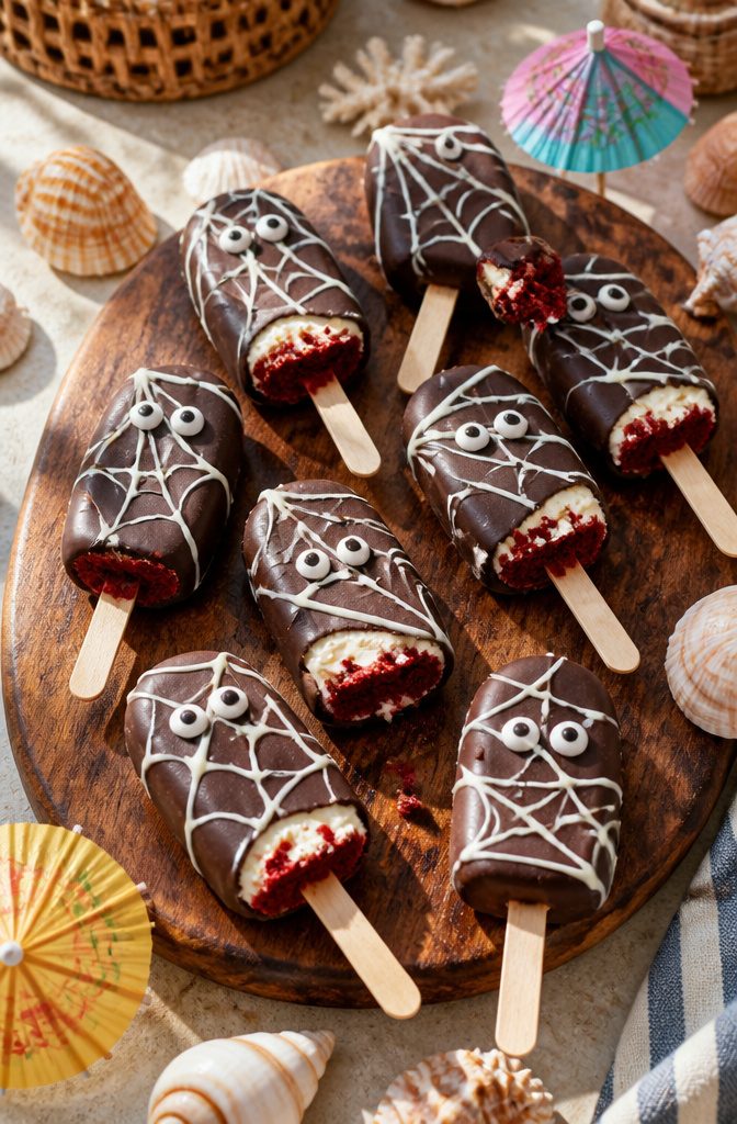Vibrant red velvet cakesicles shaped like popsicles with chocolate coating.