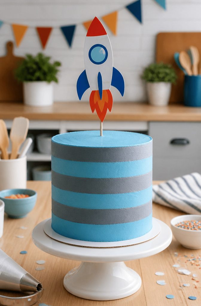 18 Simple Cake Designs Anyone Can Make at Home 13 Striped cake with grey and blue buttercream and a paper rocket topper.
