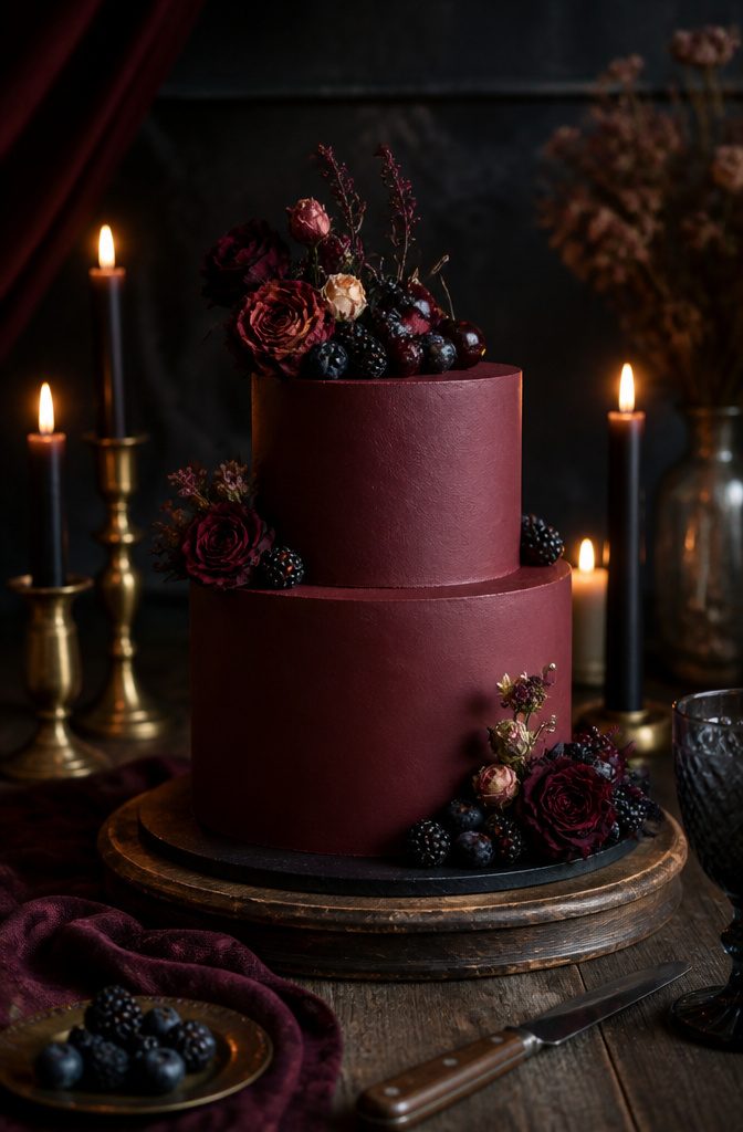 Two-tier cake with burgundy buttercream and decorations of dried roses.