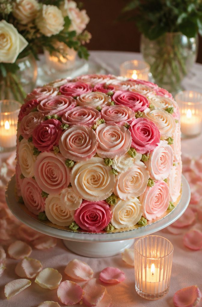 A cake decorated with buttercream roses in shades of pink.