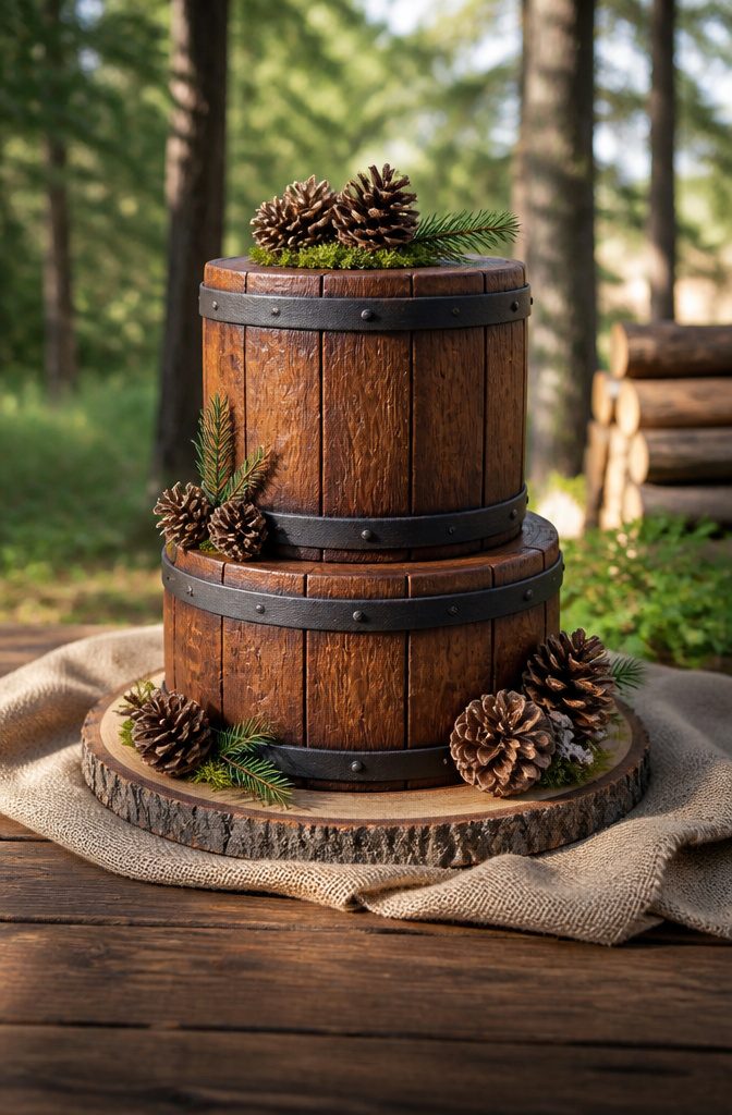 Cake designed to look like a whiskey barrel with wood grain texture.