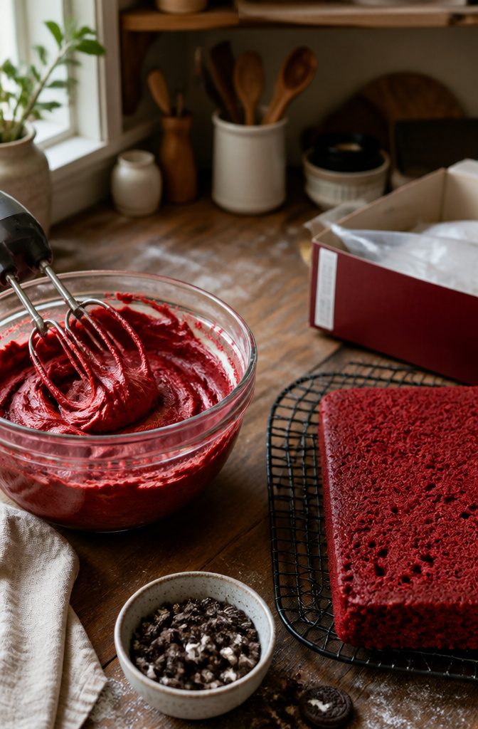Contrasting images of homemade batter and box mix red velvet cake.