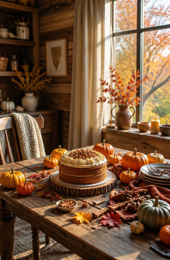 A pumpkin spice cake decorated with maple frosting and cinnamon sticks.