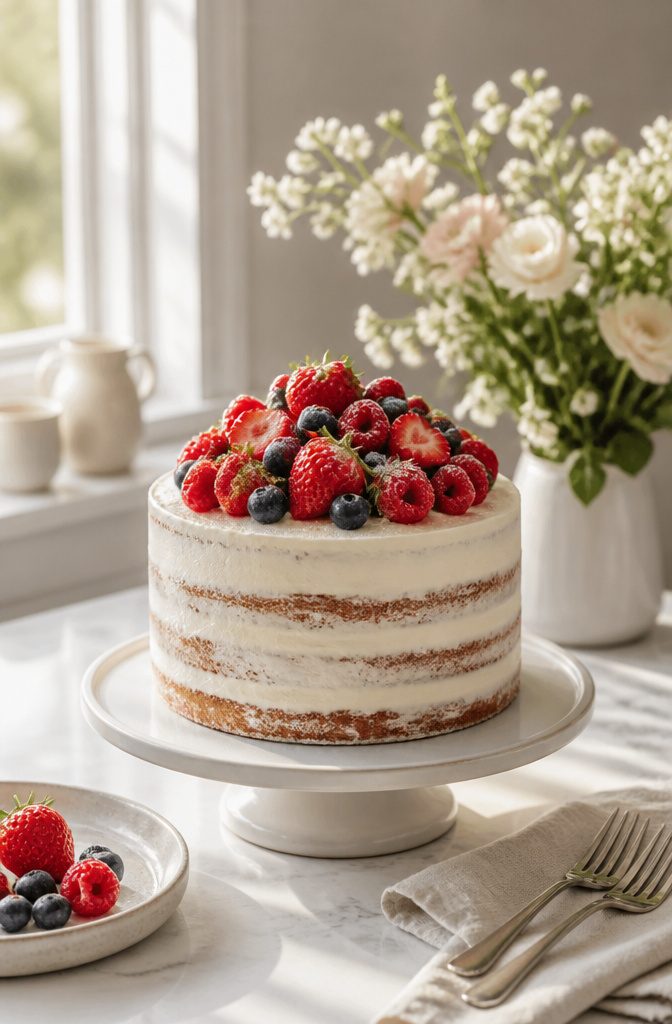 18 Simple Cake Designs Anyone Can Make at Home 18 Semi-naked cake with visible layers and fresh berries piled on top.