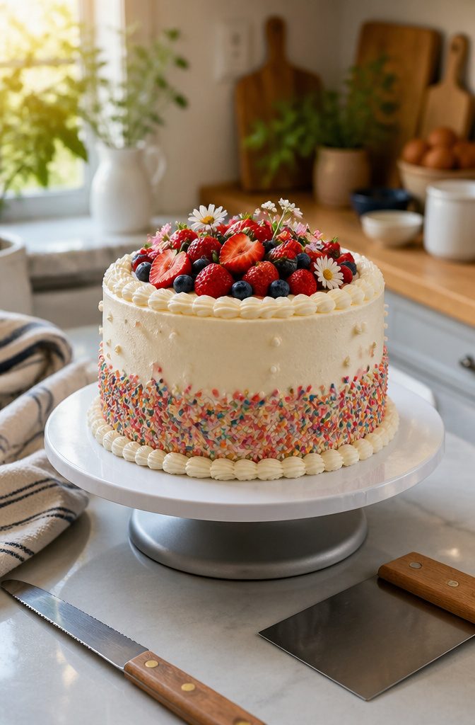 Cake Decorating for Beginners: Step-by-Step Recipe and Guide 7 Decorated cake with piping designs and colorful sprinkles on a turntable.