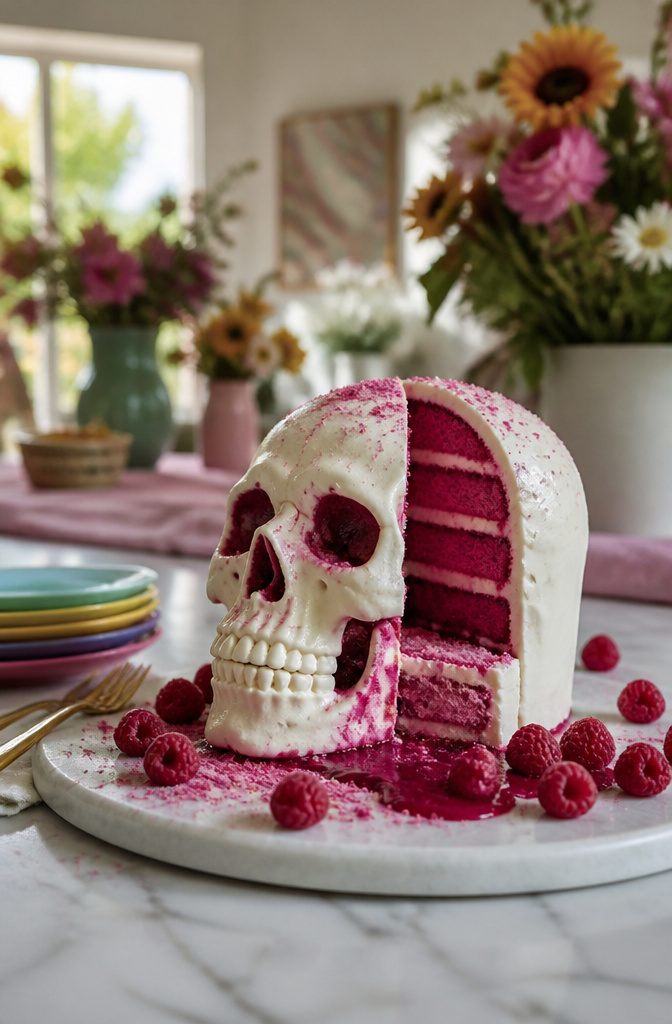 A skull cake with raspberry buttercream revealed upon slicing.