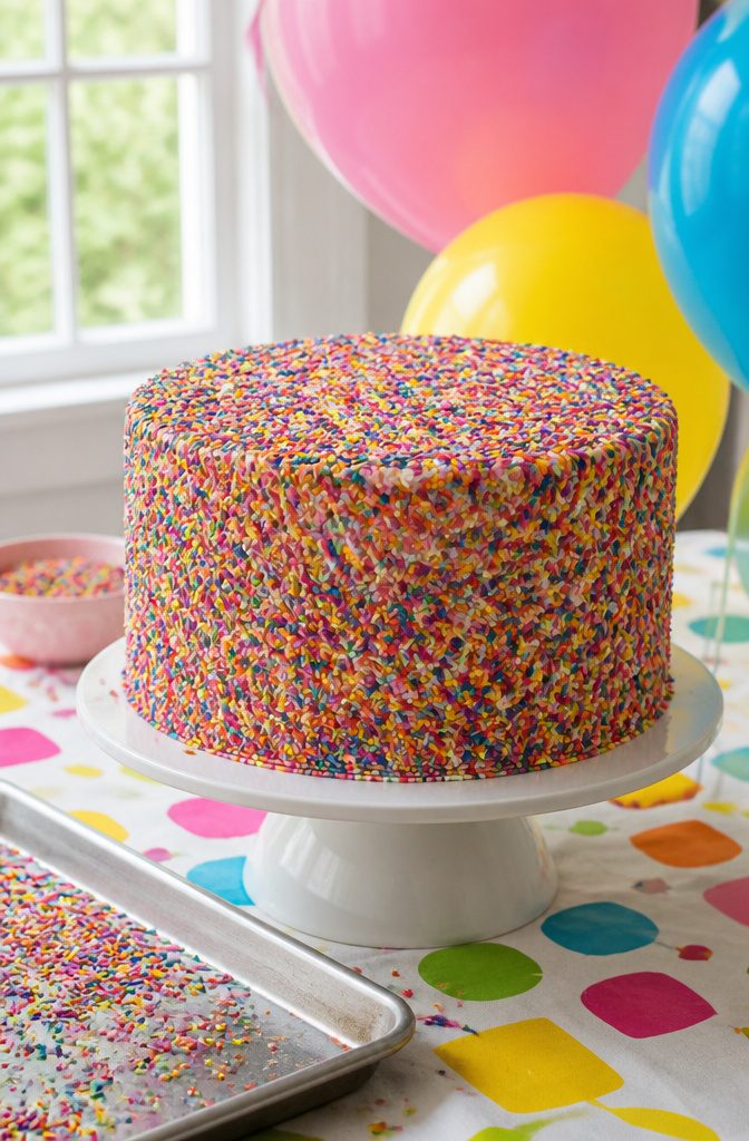 A cake covered entirely with colorful sprinkles.