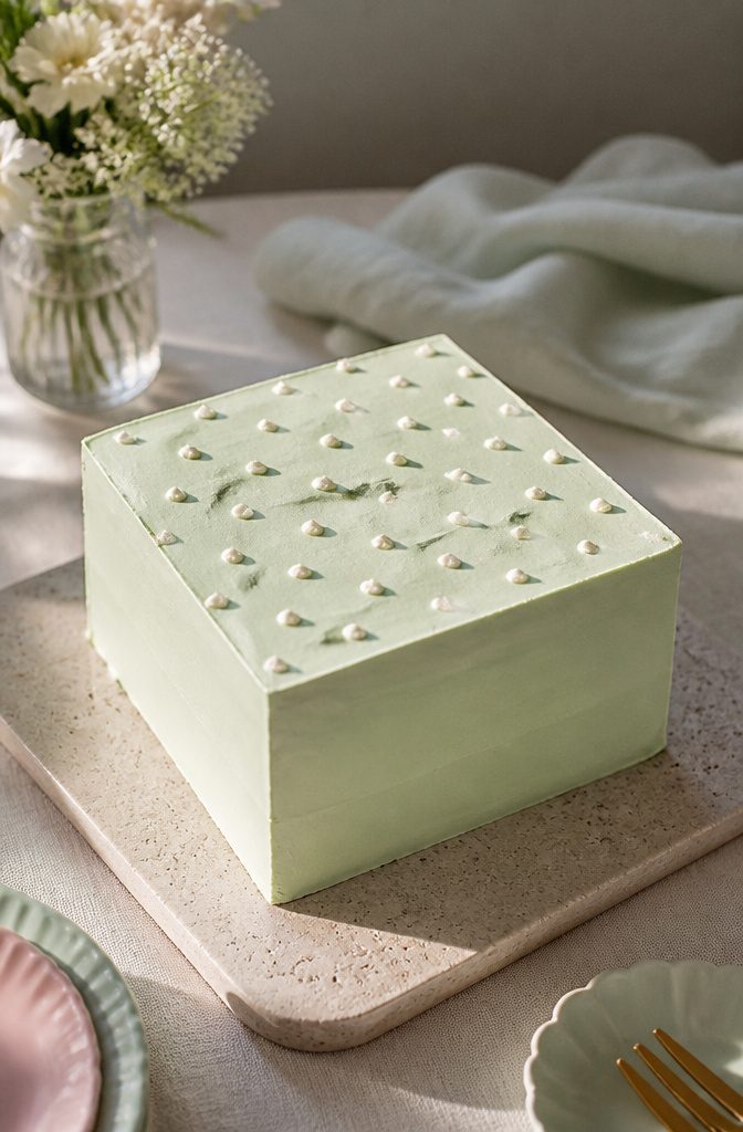 18 Simple Cake Designs Anyone Can Make at Home 5 Square cake with mint whipped cream and scattered white dots on top.