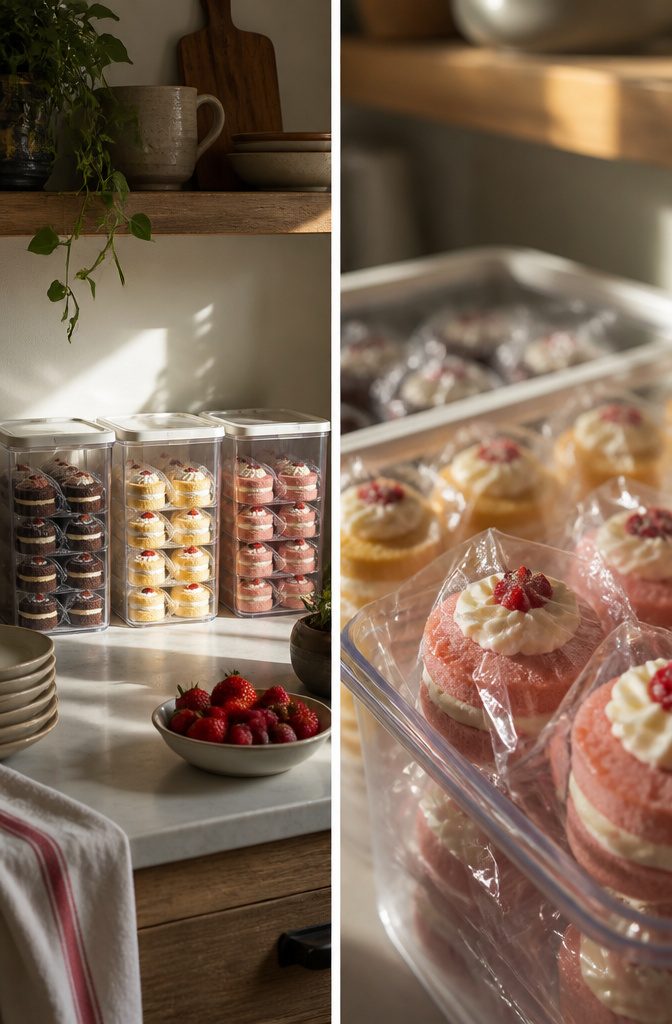 Storage guidelines for mini cakes in an airtight container.
