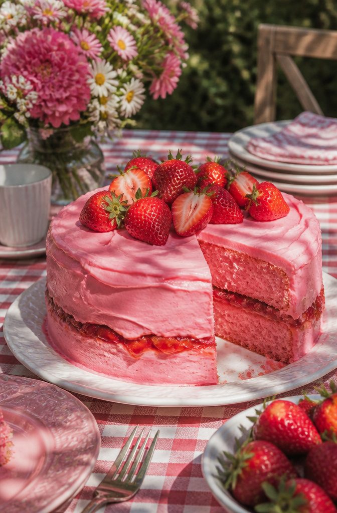 A Strawberry Cake topped with fresh strawberries and compote.