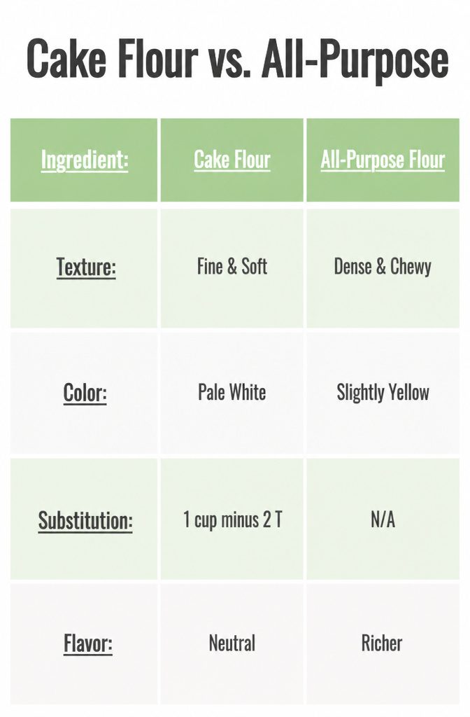 Simple White Cake: A Plain, Soft Layer Cake Recipe 8 An infographic comparing cake flour and all-purpose flour substitutions.