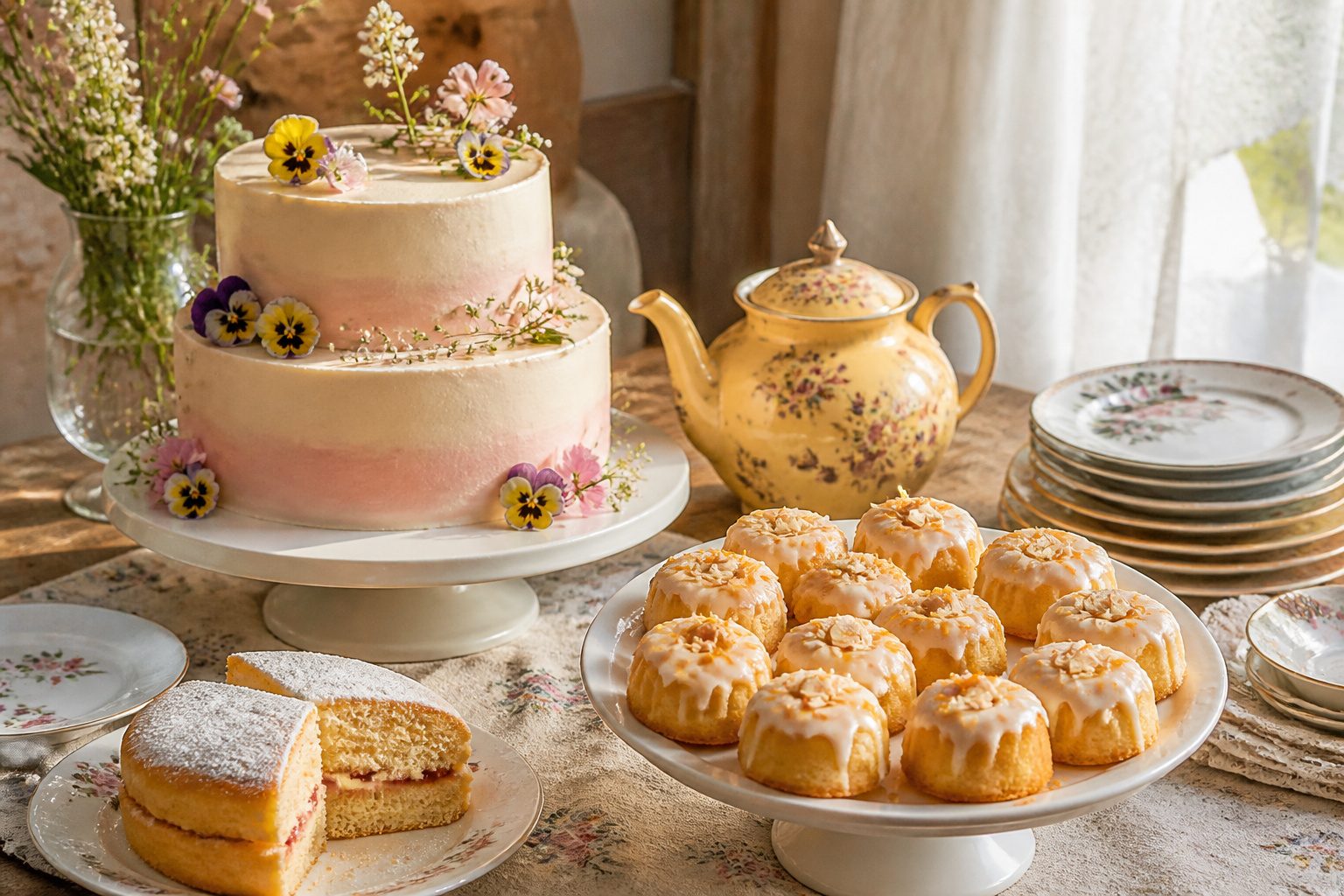 A variety of decorated cakes on a beautifully arranged tea party table.