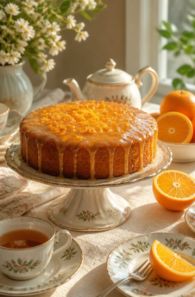 A Tea Time Orange Cake on a vintage cake stand with orange icing.
