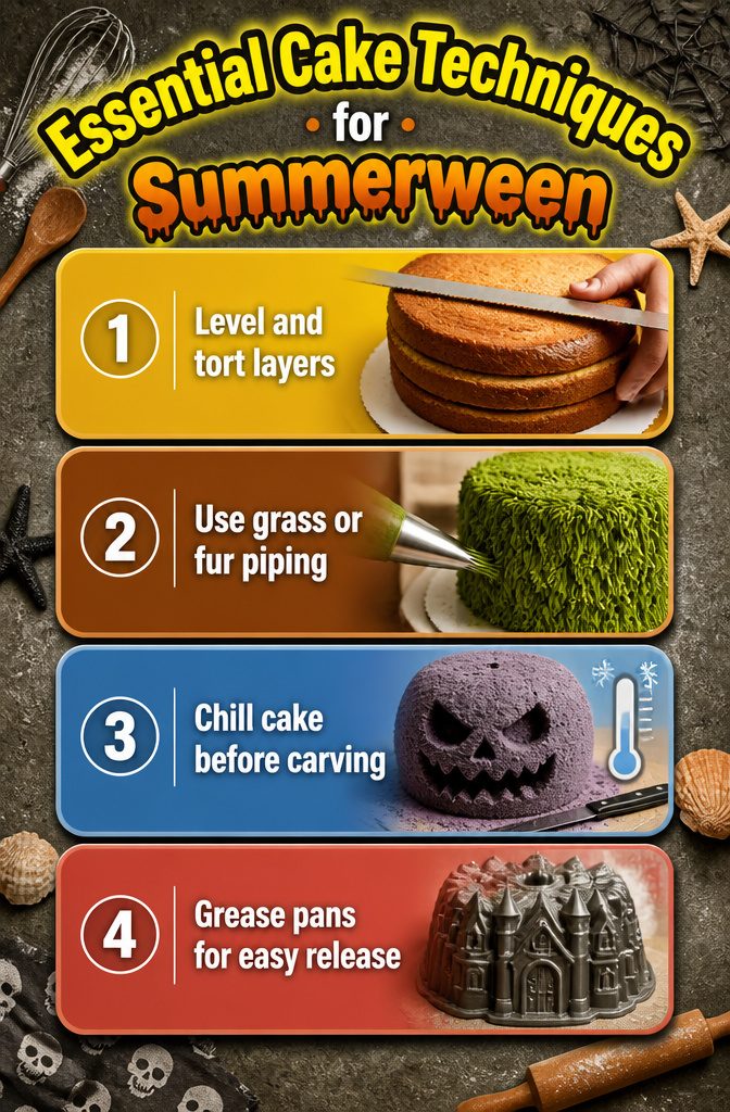 An infographic outlining key techniques for baking Summerween cakes.