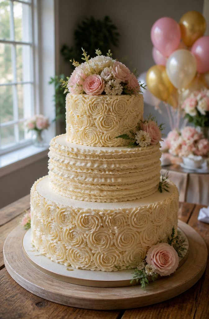 Three-tier cake with rosettes and ruffles on a wooden table.
