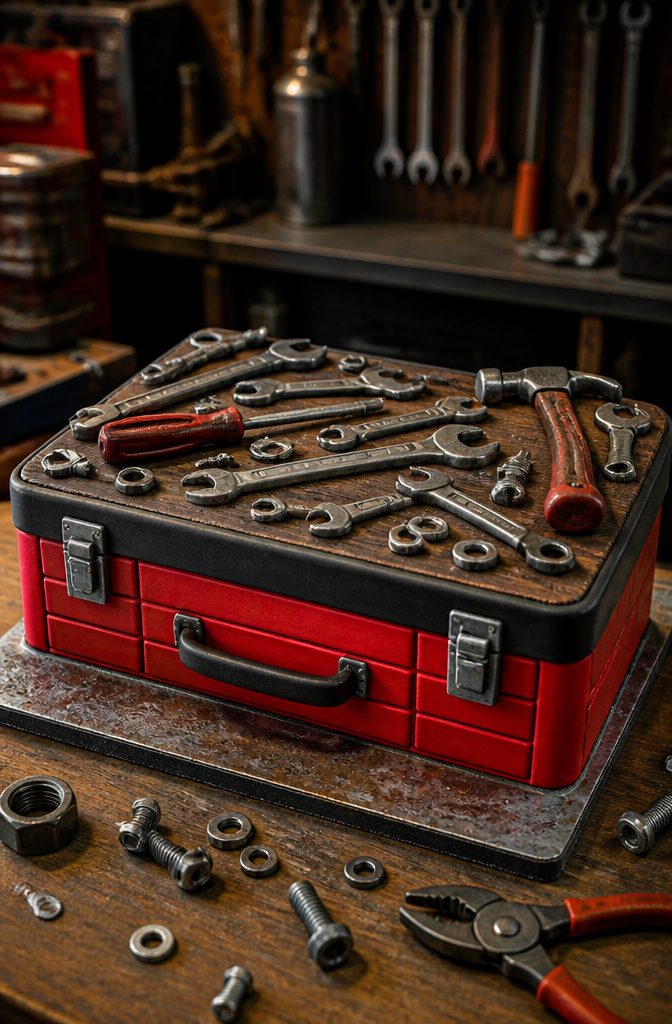 Toolbox-shaped cake topped with chocolate tools and textured fondant.