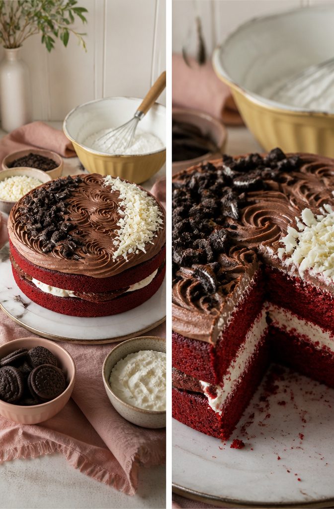 Crushed Oreos and whipped cream options for the cake topping.