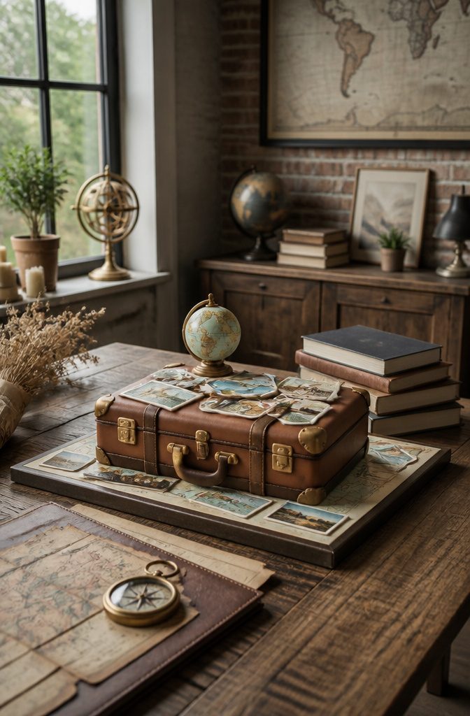 Suitcase-shaped cake with fondant straps and edible map design.