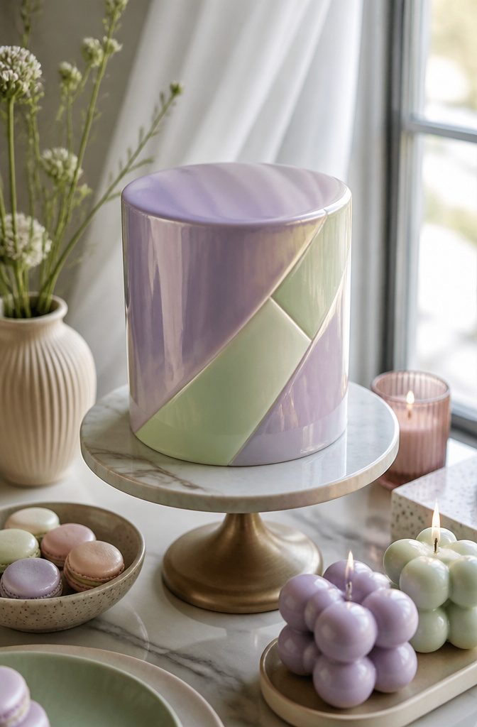 Cake with a mirror-glaze finish in iridescent colors.