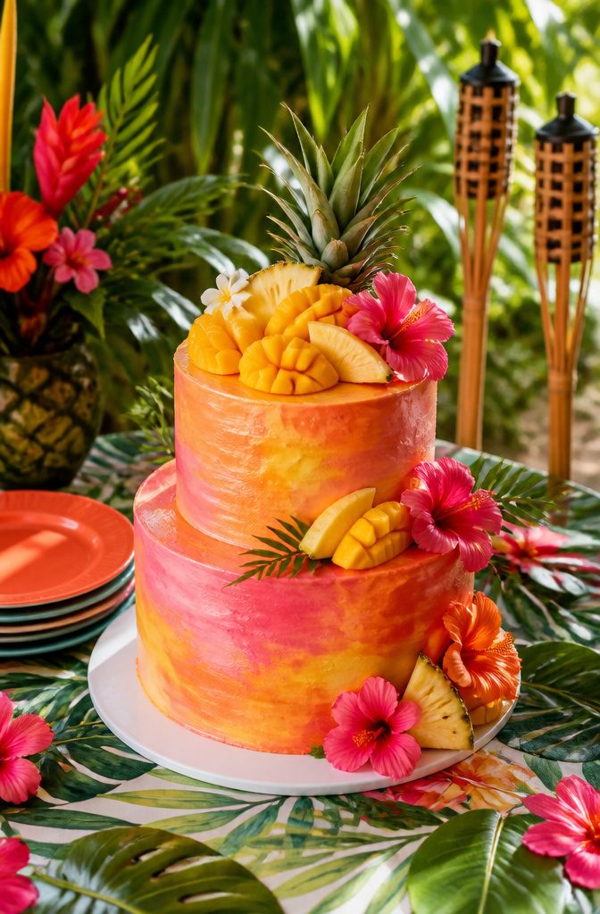 Two-tier cake decorated with fresh mango and pineapple atop bright buttercream.
