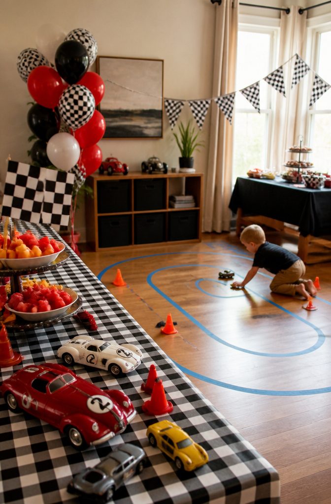17 Best 2nd Birthday Party Themes Kids Will Love 15 Car racing birthday party with checkered decorations and a painter's tape track.