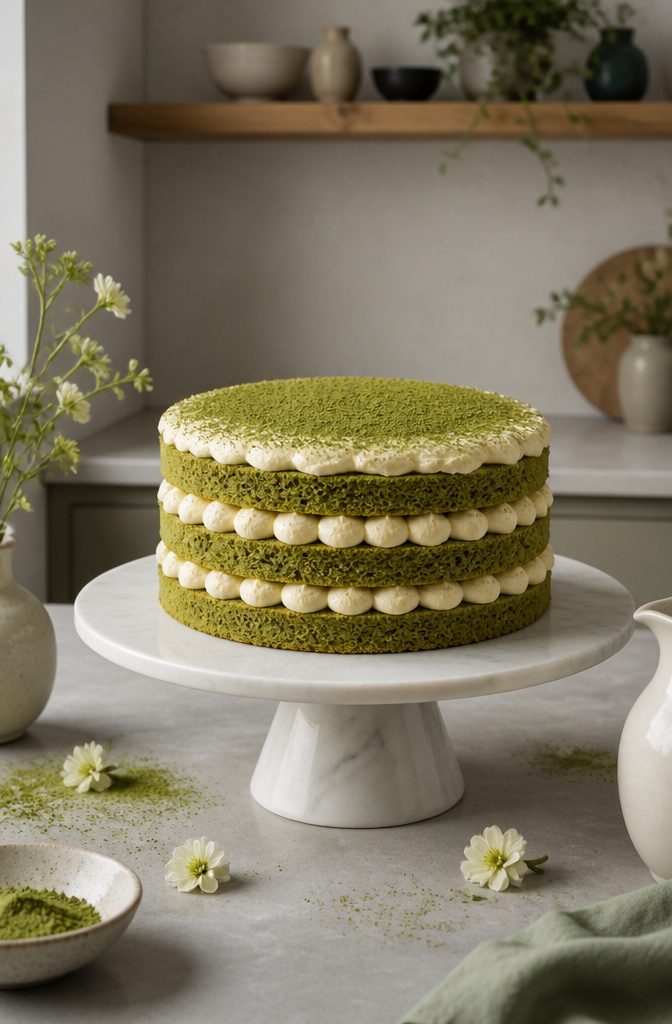 A green matcha cake with white chocolate frosting on a marble pedestal.