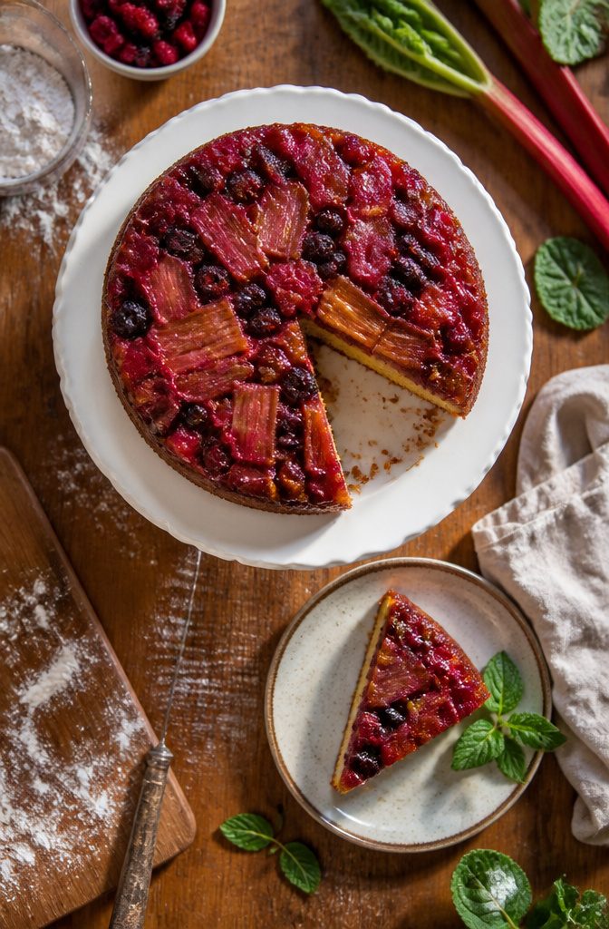 A fruit-topped upside down cake with a caramelized bottom.