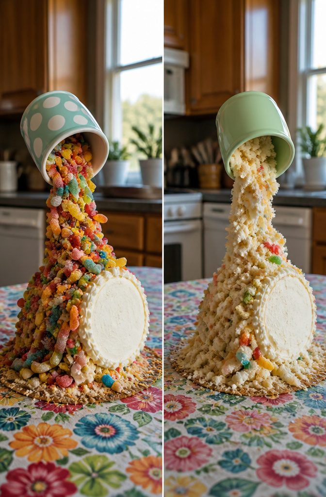 A cake with a second layer attached sideways, spilling decorations.