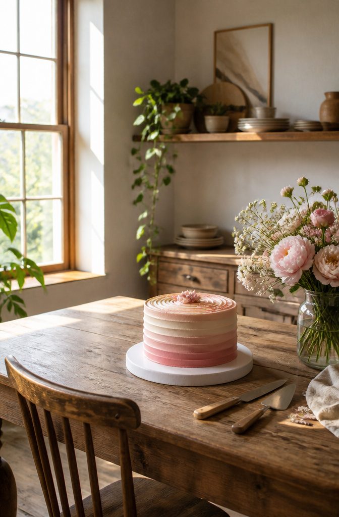 A cake on a simple cake board with a rustic wooden background.