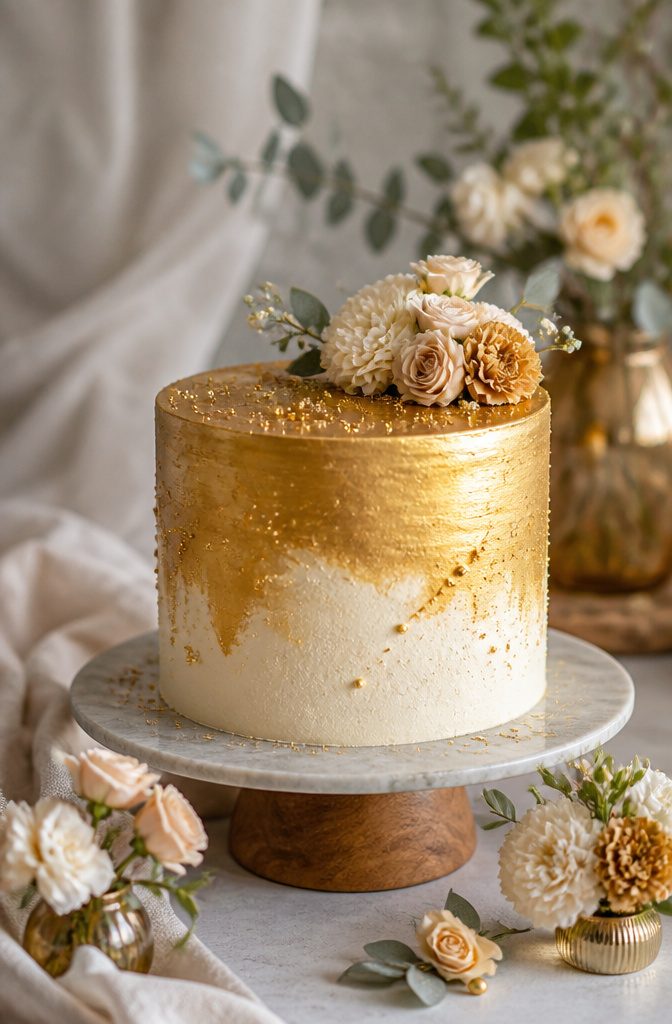 A cake featuring metallic paint and gold sprinkles for an elegant look.
