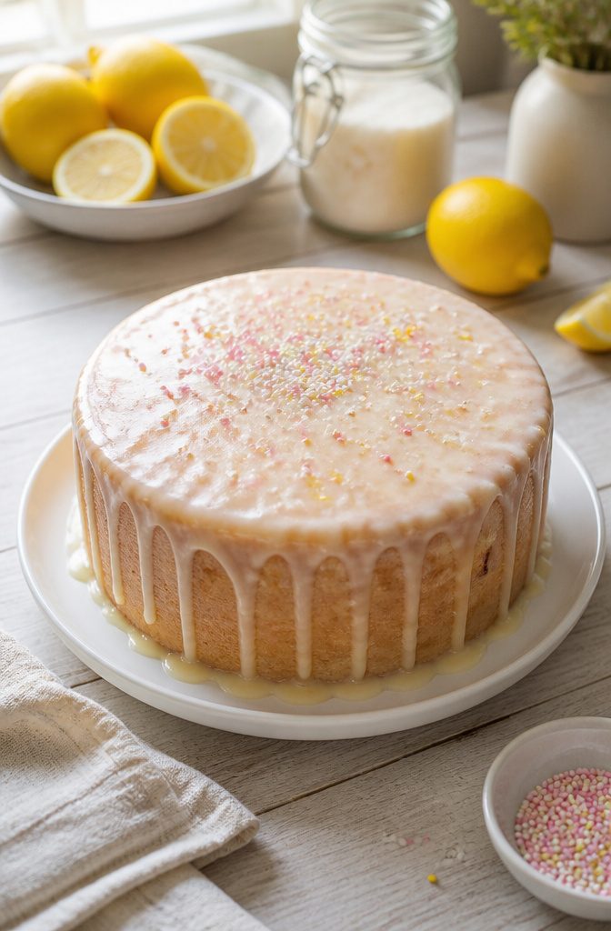 A glazed cake with a smooth, shiny surface on a white plate.