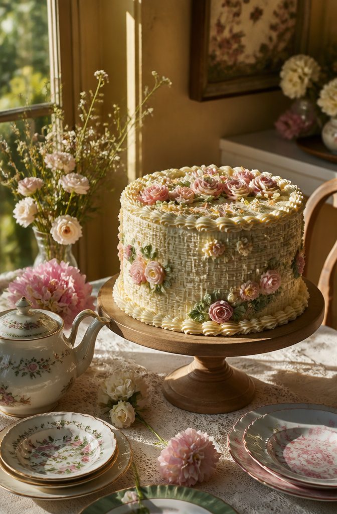 Buttercream cake with basketweave patterns and ribbon roses.