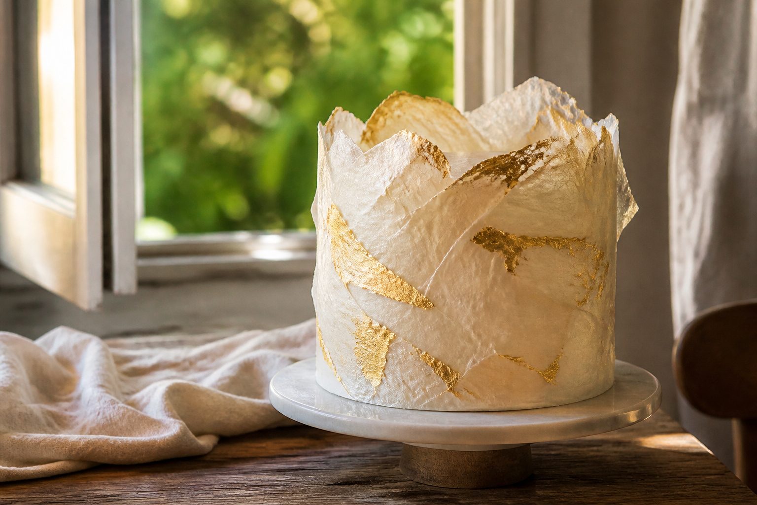 A three-tiered cake with wafer paper decorations and metallic gold accents.