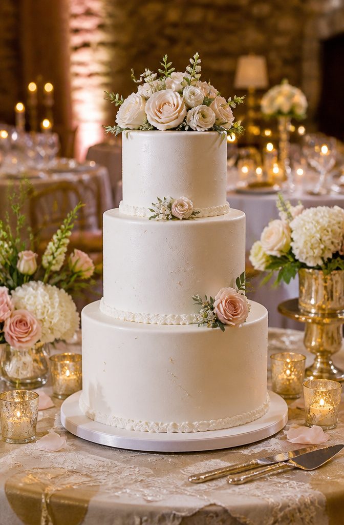 A tiered wedding cake with a smooth fondant finish.