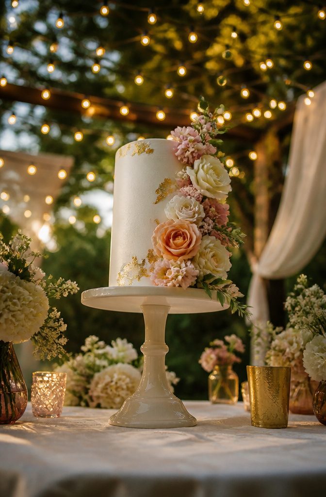 Elegant six-tier wedding cake decorated with fresh flowers.