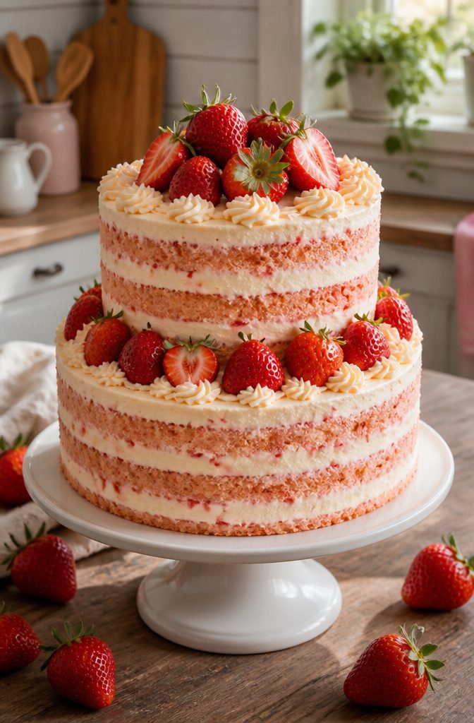 Strawberry Birthday Cake with Fresh Fruit 2 Strawberry birthday cake featuring fresh strawberries in layers and frosting.