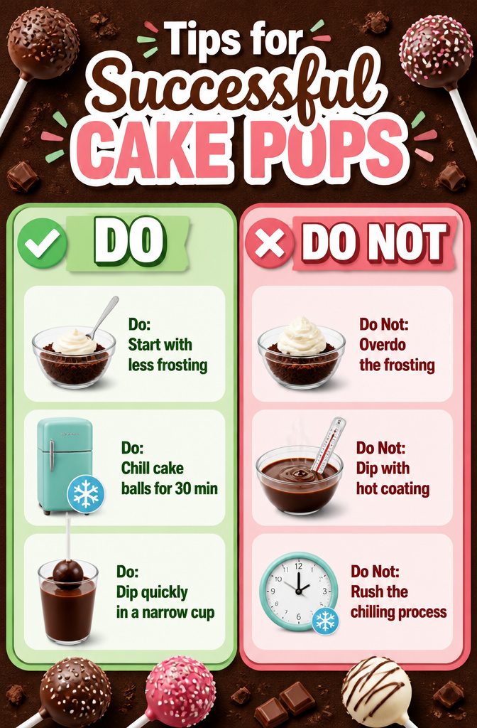 Tips for successful chocolate cake pops displayed in an informative graphic.