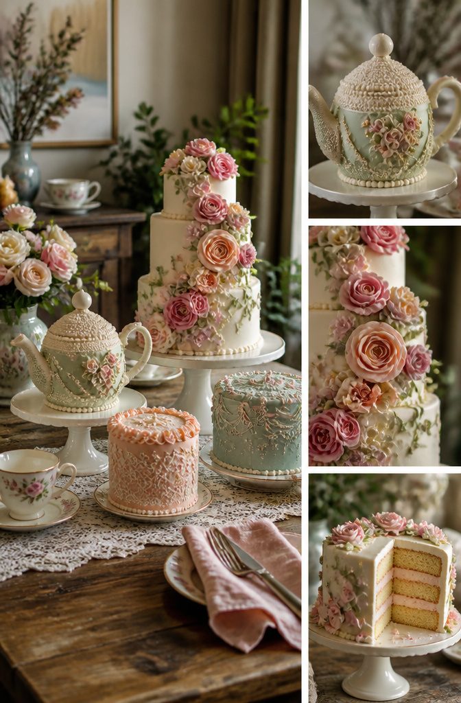 A close-up of a cake decorated with piped buttercream flowers.