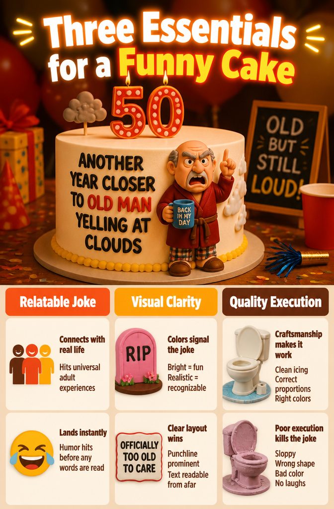 5 Funny Birthday Cakes for Adults: Ideas That Land 7 Graphic with essential tips for creating a funny cake for adults.